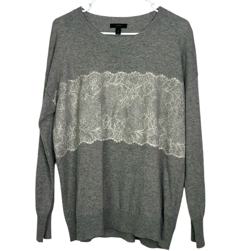 J.Crew Gray Wool Blend Lace Panel Sweater Women’s Medium Soft Knit